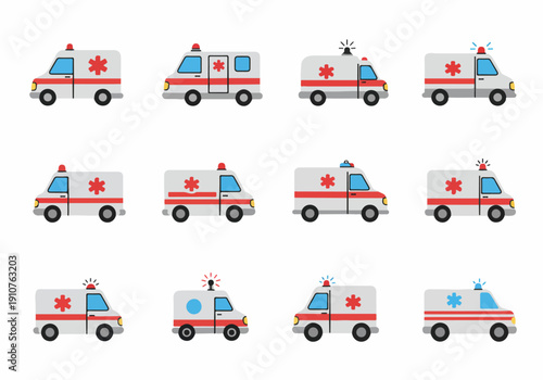 Flat Vector Icon Set of Cartoon Ambulances: Diverse Emergency Medical Service Vehicles Collection for Healthcare Graphics and Transport Design