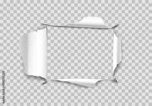 Ripped paper hole with curled edges, torn opening revealing transparent space.