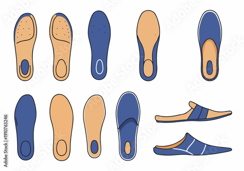 Vector illustration set featuring various orthopedic shoe insoles, arch supports, footwear inserts, and blue slippers, isolated on white.