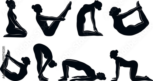 Female yoga poses silhouettes set – fitness stretching and flexibility vector illustration