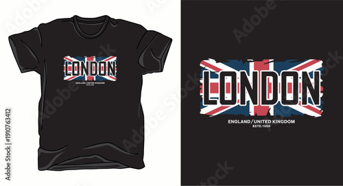 Vintage London England United Kingdom graphic for t-shirt design with British flag background