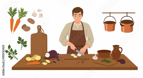 Peasant cook in rustic attire chopping vegetables, including onions and potatoes, preparing food with traditional kitchen tools and ingredients.