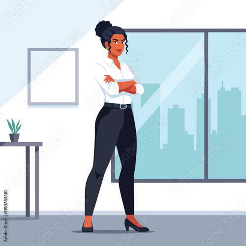 Confident businesswoman with arms crossed, standing in a modern office with city view