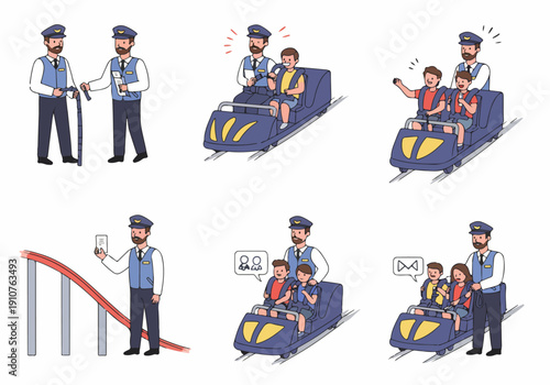 Cartoon set illustrating amusement park ride safety procedures, attendant duties, height requirements, and rider experience on a roller coaster.