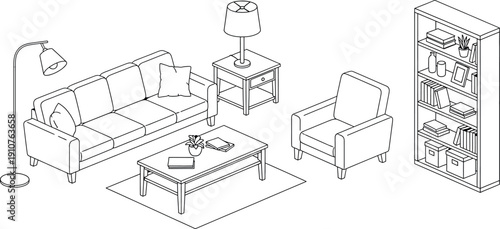 Isolated furniture set on transparent background including sofa chair table and lamp