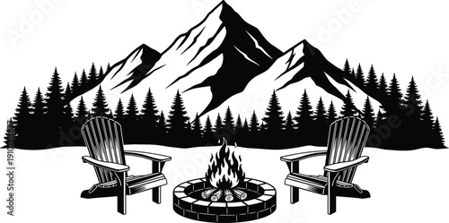 Mountain landscape vector with campfire and Adirondack chairs in forest clearing, outdoor camping adventure scene, black and white nature illustration.
