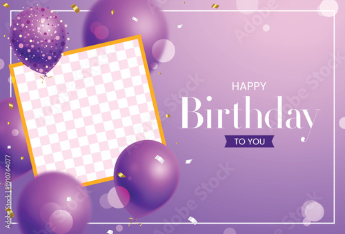 Happy birthday vector template design. Birthday greeting text in white frame space with purple and gold confetti balloons for party celebration and invitation card on a purple background. 
