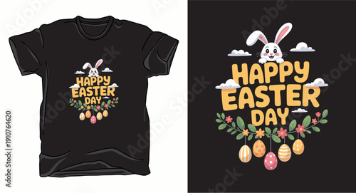 Happy easter day t-shirt design with cute bunny character and colorful hanging eggs floral illustration