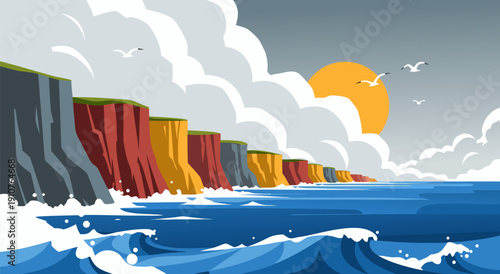 Vibrant coastal cliffs illustration with crashing waves and seagulls under a bright sun, vector art