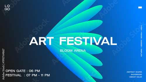 Bloom abstract shape gradient banner template. Modern vibrant neon color poster design. Futuristic background for flyer, cover, card. Vector illustration for event and music. Deep blue and tosca