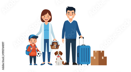 Vector illustration of a happy family with a dog and luggage, ready for a trip, isolated on white background