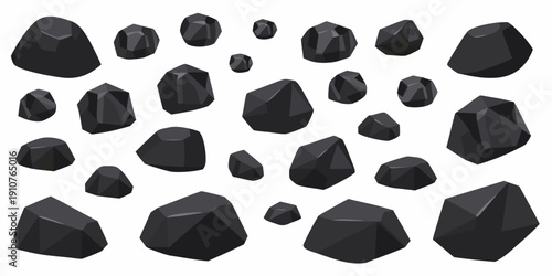 Collection of dark faceted stones arranged against a white background