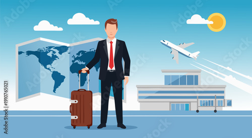 Vector illustration of a businessman with a suitcase at the airport, ready for travel