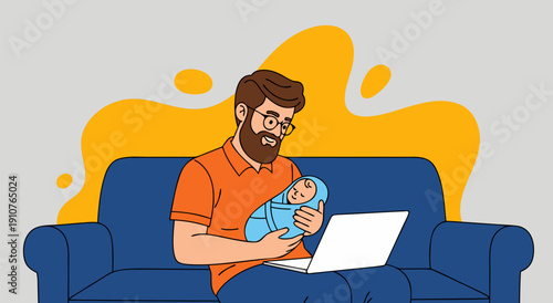 Father holding a newborn baby in his arms while using a laptop, vector illustration of a dad and child