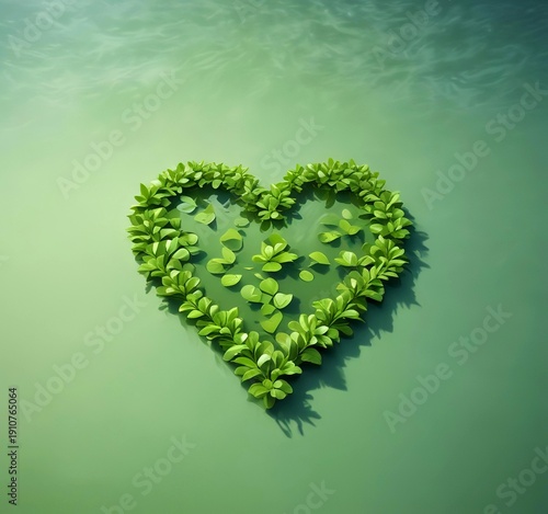 Wallpaper Mural Heart shaped arrangement of floating green leaves on calm water surface, reflection, natural light Torontodigital.ca