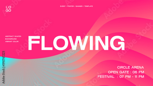 Flowing abstract shape gradient banner template. Modern vibrant neon color poster design. Futuristic background for flyer, cover, card. Vector illustration for event and music. Pink and blue