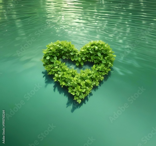 Heart shaped arrangement of floating green leaves on calm water surface, reflection, natural light