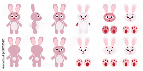A collection of cute pink bunnies in various poses and parts
