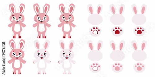 Collection of adorable cartoon rabbits and paw prints in various styles