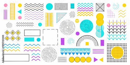 Colorful geometric shapes and patterns arranged on a white background