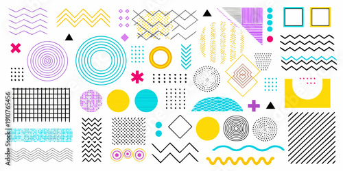 Colorful abstract geometric shapes and patterns on a white background