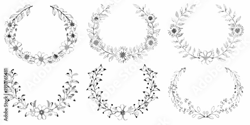 Floral wreaths and garlands delicate botanical illustrations in black and white