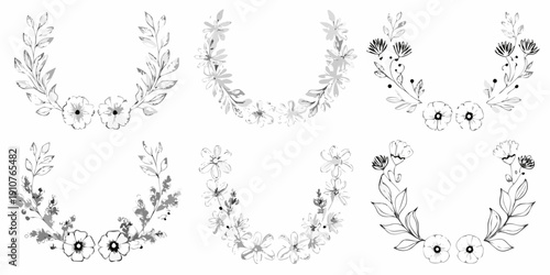 Botanical wreaths and floral arrangements in a minimalist line art style
