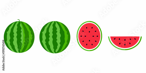 Four depictions of watermelons whole whole cut and a slice
