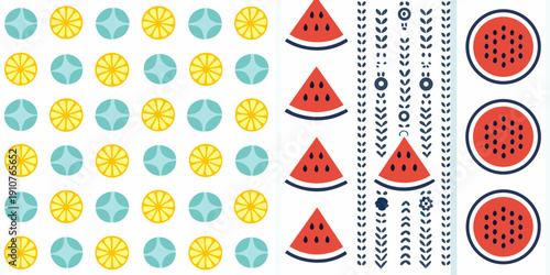 Colorful pattern featuring oranges limes and watermelon slices