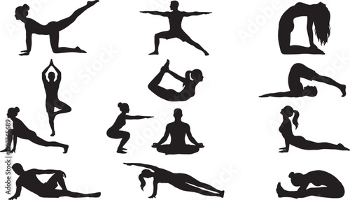 Yoga poses silhouettes set – mixed male and female fitness and meditation vector illustration