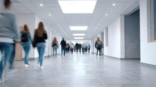 Students walking through a modern college corridor with bright overhead lights, large windows, and a spacious layout, showcasing a contemporary educational environment and active campus life