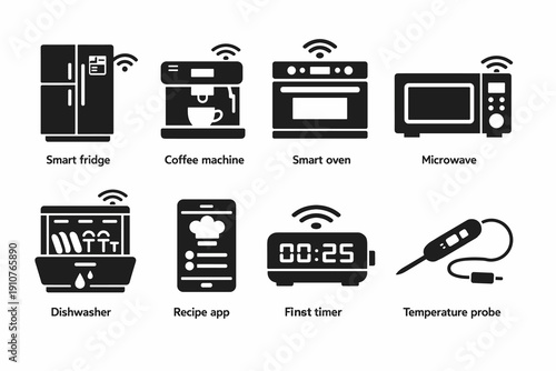 Smart kitchen appliances icon set with labeled fridge, coffee machine, oven, microwave, dishwasher, app control, timer and temperature probe.