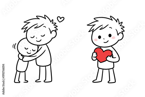 Cute love illustration with hugging siblings and boy holding red heart, simple black outline cartoon style isolated on white background.