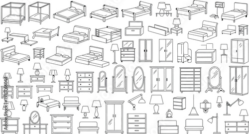 Collection of detailed furniture line drawings isolated on transparent background