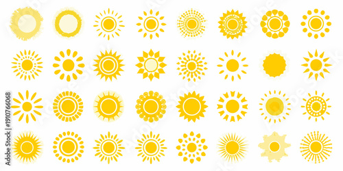Collection of vibrant yellow sun icons in various radiant designs