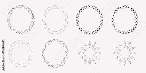 Collection of delicate circular and floral line art frames and wreaths