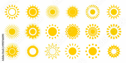 Collection of vibrant yellow sun icons in various styles and designs