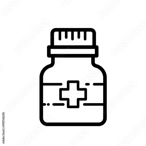 Medical bottle with cross and label, line vector icon