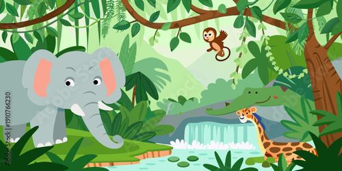 Cartoon jungle scene featuring an elephant monkey crocodile and giraffe