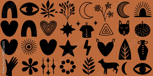 Collection of mystical symbols and natural forms in terracotta tones