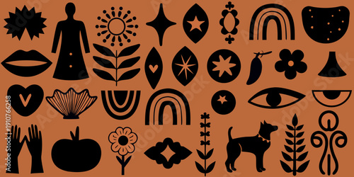 Collection of abstract minimalist black symbols and shapes on a terracotta background
