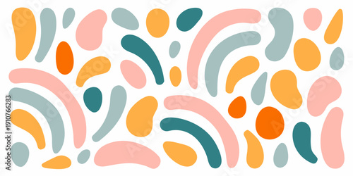 Abstract pattern of colorful curved shapes against a white background
