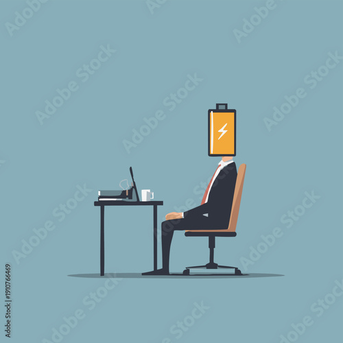 Exhausted Businessman with Battery Head – Workplace Burnout Concept