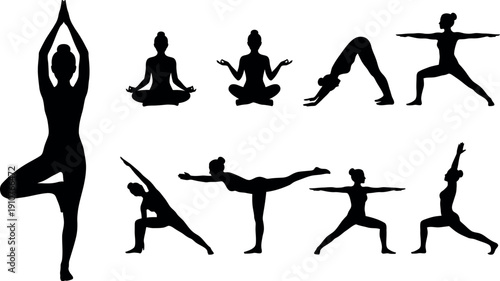 Yoga woman silhouettes set – tree pose, meditation and fitness vector illustration