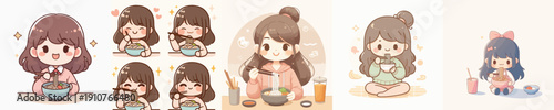 Vector Illustration of a Girl Eating Noodles