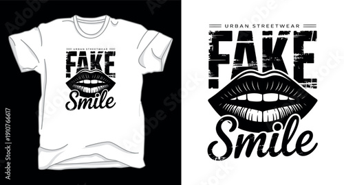 Fake smile urban streetwear tshirt design with lips and teeth illustration for apparel apparel graphics