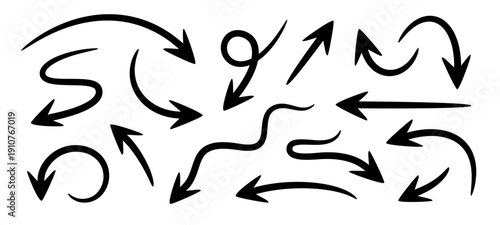 Black arrow, hand drawn stroke set. Arrow pack, sketch pointer, direction indicator. Arrow set. Collection infographic arrow. Professional symbol collection, business infographic. Vector Illustration