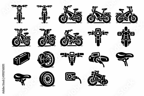 Electric bike and motorcycle icon set with multiple views and components, black silhouette vector collection isolated on white background.