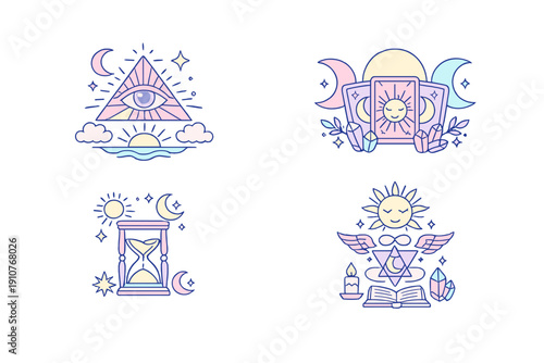 Mystical pastel esoteric icon set with all seeing eye pyramid, tarot cards, hourglass and spiritual symbols. Magic, astrology and occult concept illustrations.