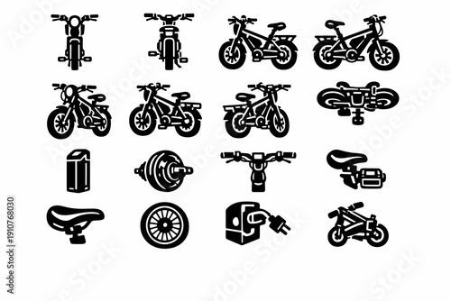 Motorcycle and bike parts icon set in black silhouette style. Collection of motorbike views, wheels, seats, engine and accessories for transport design.